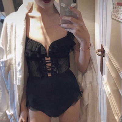 澳洲定制连体泳衣女性感三点式蕾丝小胸聚拢保守比基尼显瘦遮肚图2