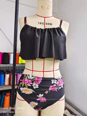 新款甜美款高腰条纹比基尼 荷叶边泳衣品质厂家欧美外贸图5