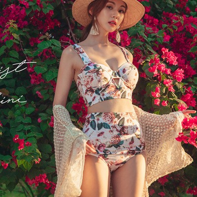bling-韩国印花高腰比基尼分体小心机泳衣钢托聚拢泳衣女泳装
