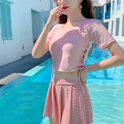 分体游泳衣女遮肚显瘦清新格子少女甜美仙女范ins风保守泡澡温泉图3