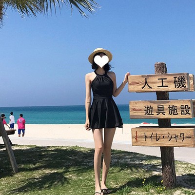韩国新款黑色大码泳衣女胖mm保守连体裙式平角显瘦遮肚温泉游泳装图4