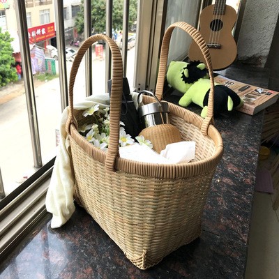 竹制品竹篮 藤编手提收纳篮 超市买菜家用购物篮 野餐提手菜篮