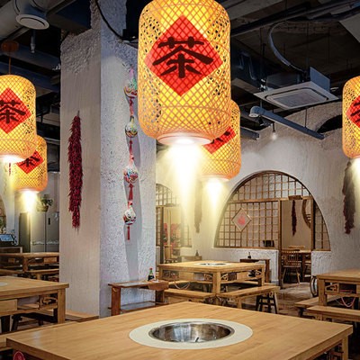 中式火锅店专用吊灯带射灯餐饮店小吊灯饭店卡座印花超亮竹编灯笼图2
