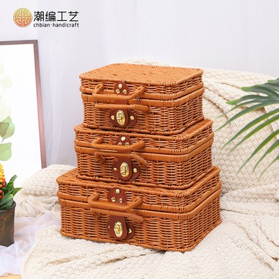 新款烤漆铁架PP编织加固藤编收纳箱礼品复古包装化妆品整理收纳箱