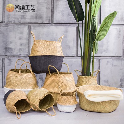 厂家批发北欧风花盆编织海草篮 家居用品草编收纳筐折叠草编花篮