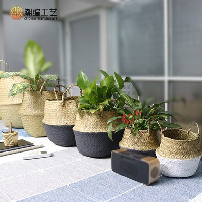 厂家批发北欧风花盆编织海草篮 家居用品草编收纳筐折叠草编花篮图3