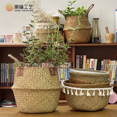 厂家批发北欧风花盆编织海草篮 家居用品草编收纳筐折叠草编花篮图2