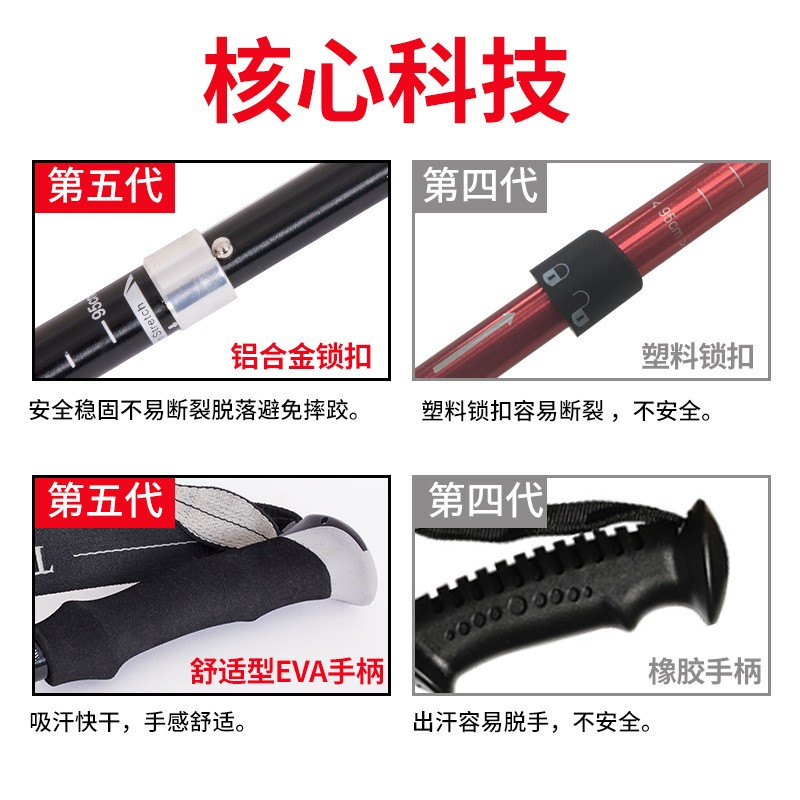 登山杖铝合金轻便伸缩折叠徒步爬山健走拐杖拐棍扙手杖户外装备图5