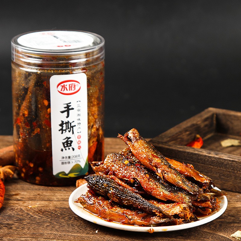 湖南水府新鲜制作烟熏手撕香辣红眼鱼干干货罐装208g香辣手撕鱼图2