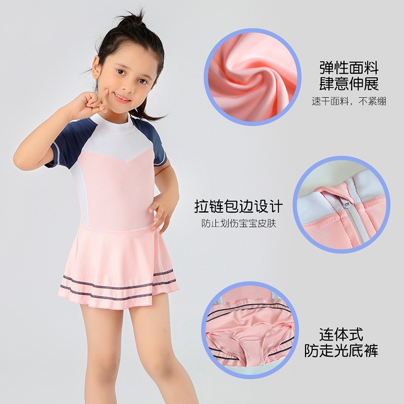 鲨宝莱新款连体泳衣女童纯色防晒速干专业游泳衣沙滩温泉儿童泳衣图3