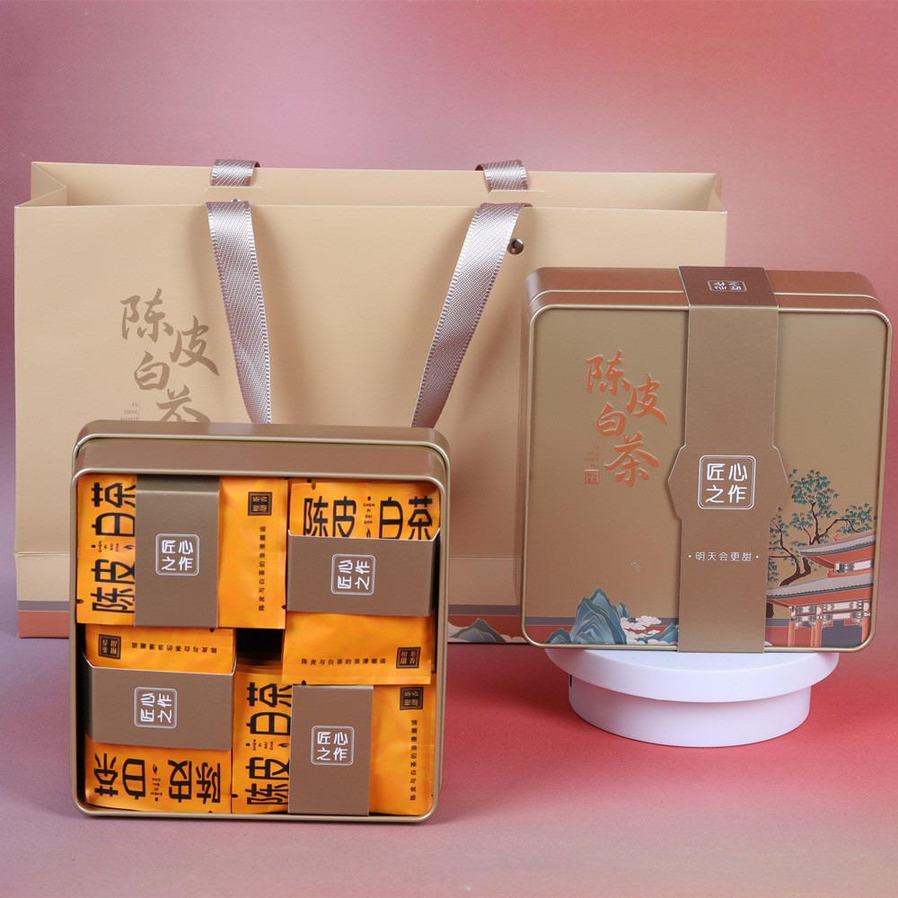 福鼎老白茶寿眉陈皮白茶饼小方片小饼干茶叶茶饼批发铁盒礼盒装图4