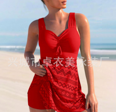 2022亚马逊外贸女现货露背粉色显瘦韩版纯色花边连体泳衣图3