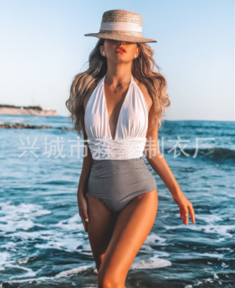 2021新款外贸欧美泳衣女连体露背性感拼色遮肚跨境比基尼泳装批发图2