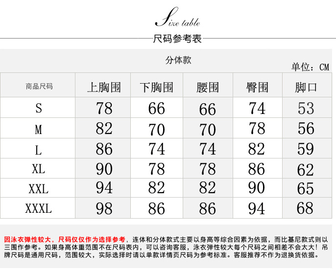 分体尺码表