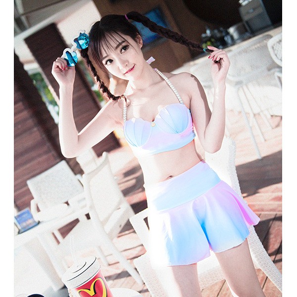 Reussi幻彩美人鱼贝壳泳装女分体温泉比基尼大胸小胸钢托泳衣图5